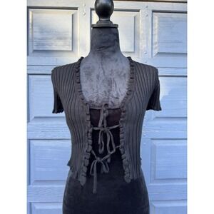 Black‎ Cropped Size Small Open Front Ties Short Sleeve Top!